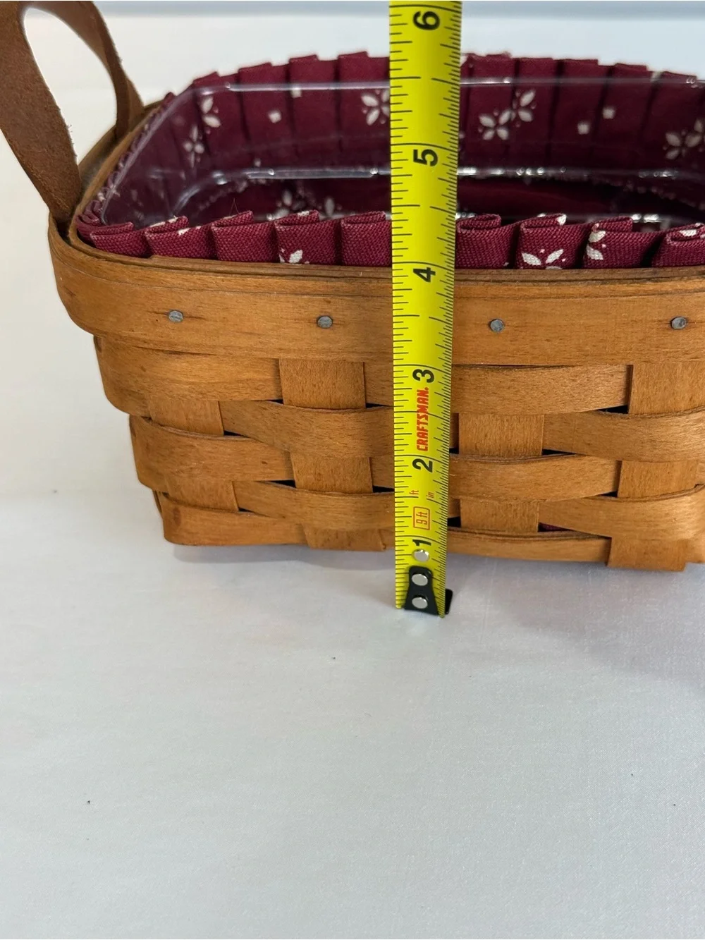 Longaberger Baskets 1994 Tea Basket with Cranberry Color Fabric & Plastic Liner